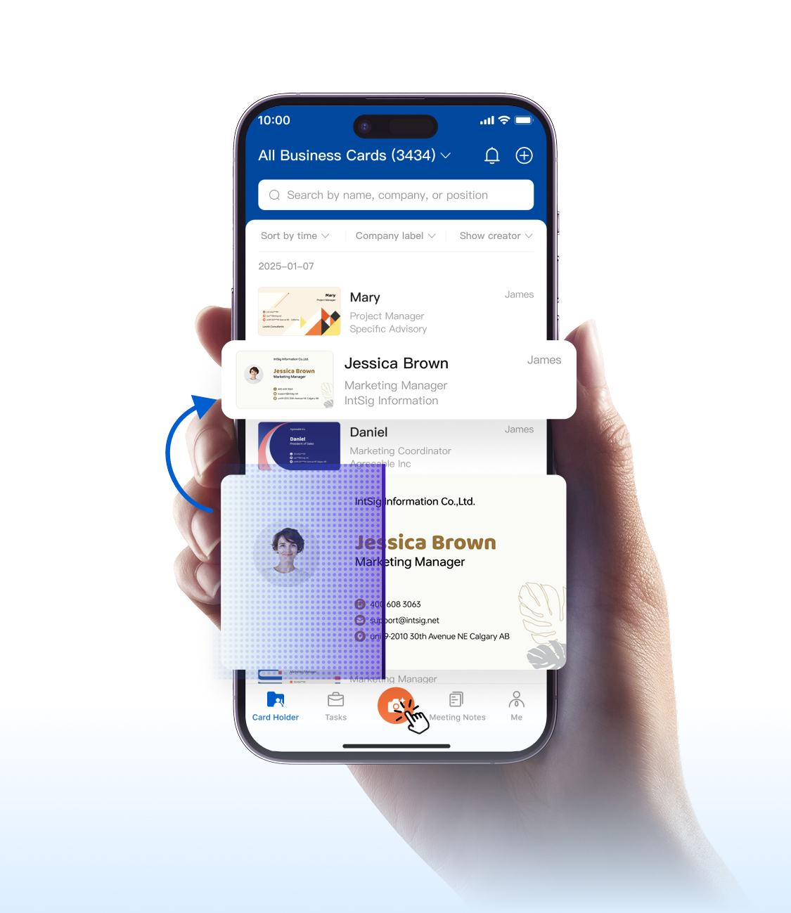 CamCard Business app showing business card scanning and contact management on a phone